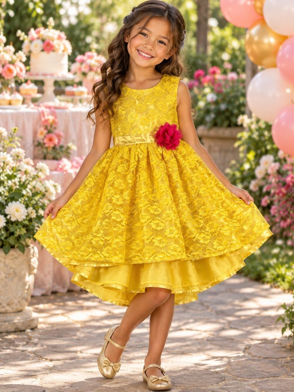 Disney Princess Belle Yellow Lace Party Dress 6/6X Floral Rose